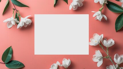 Elegant floral arrangement with white flowers and green leaves on a coral background, perfect for invitations or announcements.