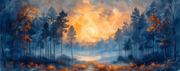 Wall Mural - Abstract moonlit forest path in watercolor on white.