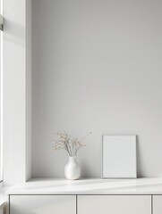 Wall Mural - A white vase with flowers sits on a white shelf. The shelf is bare and the room is empty