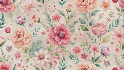 Wall Mural - Whimsical watercolor flowers in soft pink hues and varied motifs form a seamless repeat pattern on a vintage-inspired textured background, perfect for print applications.