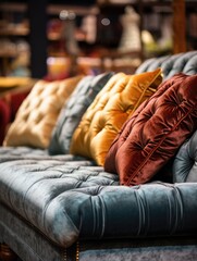 Wall Mural - A couch with a variety of pillows on it, including a yellow one. The couch is blue and the pillows are in different colors