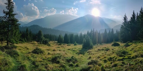 Poster - A beautiful mountain range with a bright sun shining on it. The sun is casting a warm glow on the trees and grass. The scene is peaceful and serene, with the sun shining brightly on the landscape