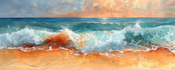 Wall Mural - Abstract waves crashing on a sandy beach in watercolor.