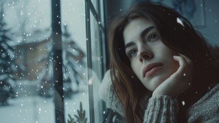 Wall Mural - A woman is looking out the window at the snow. She is wearing a sweater and she is feeling sad or lonely