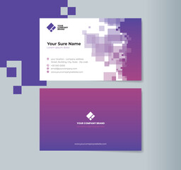 Wall Mural - A set of double-sided business card template designs with random transparent purple squares on white background