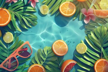 Poster - A tropical scene with a blue background and a variety of fruits including oranges and limes. The scene is set in a pool with a person wearing sunglasses