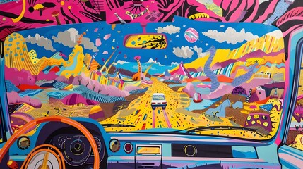 Colorful Surreal Psychedelic Landscape with Retro Automobile on Winding Road