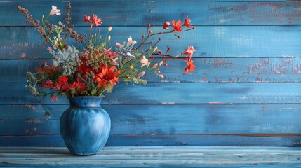 Poster - Floral arrangement in a blue vase on a table against a blue wooden wall