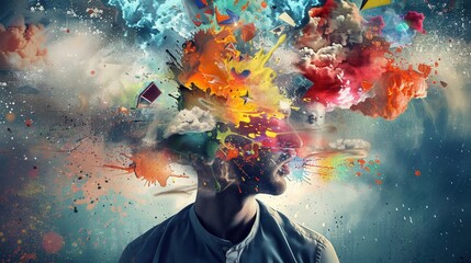 Fototapete - A person experiences a vibrant explosion of colors and shapes representing a flurry of creative thoughts and ideas emerging from their mind. Generative AI