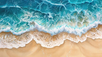 Overhead view of calming waves and sandy beach, forming a serene and beautiful coastal landscape.