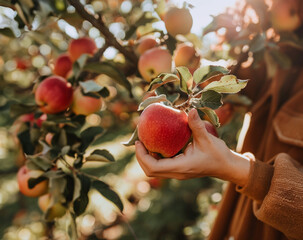 A person picking an apple from an apple tree in an orchard in autumn