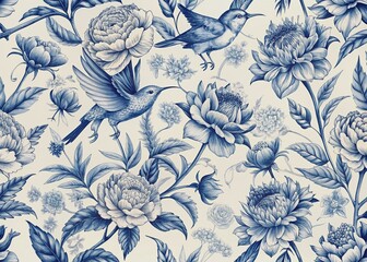 intricate white and blue vintage toile pattern features peonies and hummingbirds on a delicate flora