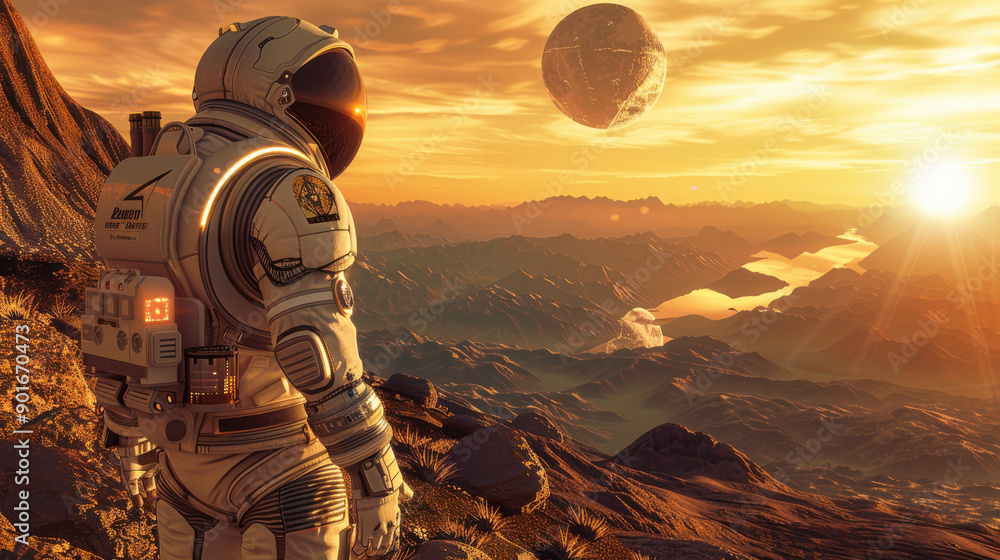 A futuristic scene of an astronaut exploring a new planet, with alien ...