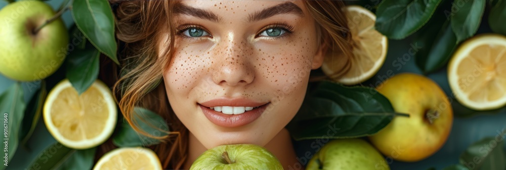 Girl's face, white teeth, green apples, close-up, healthy eating, text ...