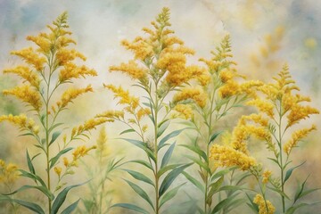 Poster - Delicate goldenrod flowers in soft pastel hues with intricate details and loose brushstrokes, set against a clean white background in a whimsical watercolor style.