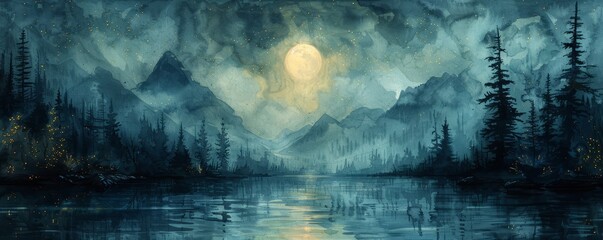 A painting of a lake with a full moon in the sky