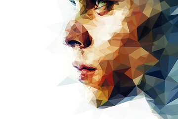 An illustration of a man's face in geometric low poly style on a white background, highlighting modern design and digital art. The image emphasizes the angular and faceted structure of the face, symbo