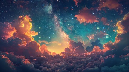 A vivid digital sky displaying stars and clouds with a volcanic vibe, created using cloud computing, blending natural and technological elements in a stunning visual.