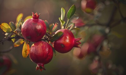 Wall Mural - A macro shot of pomegranates on the branch