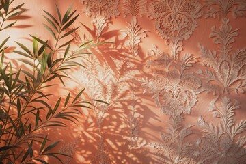 Wall Mural - softly lit coral wall serves as a serene backdrop for the delicate, lace-like shadows of oleander le