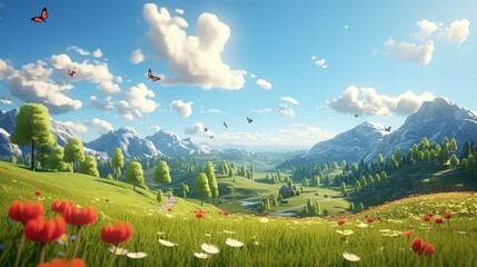 Wall Mural - Mountain Meadow with Butterflies