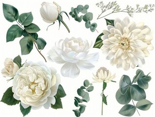 Canvas Print - A collection of white flowers and leaves, including roses, daisies, and eucalyptus