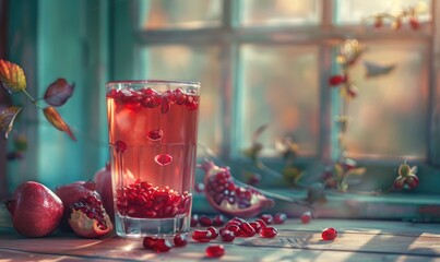 Poster - Glass of pomegranate juice with a selection of pomegranate candies