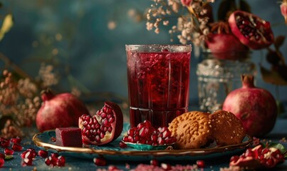 Wall Mural - Glass of pomegranate juice with a selection of pomegranate candies