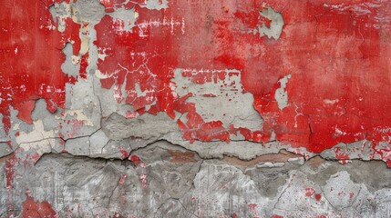 Old cement wall concept with peeling red paint, cracks and copy space.