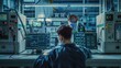 © 69 - Electrical engineer at a workbench testing circuit boards in a technology lab, surrounded by various electronic testing equipment with screens, dials, and cables