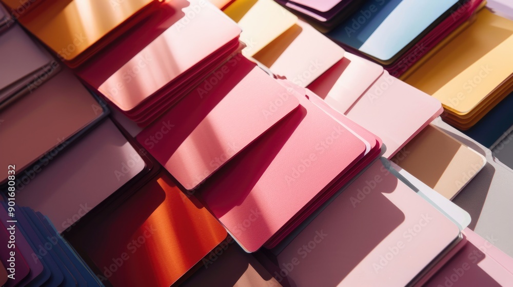 A stack of colorful cards with a pink card in the middle. The cards are ...