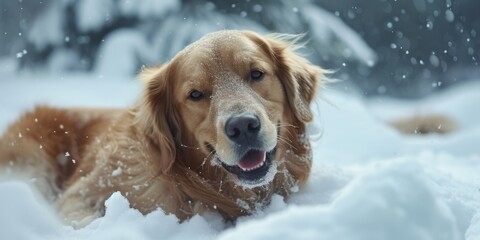 Wall Mural - A dog is laying in the snow with its tongue out. The dog appears to be enjoying the cold weather and the snow