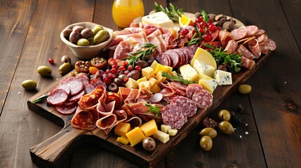 Wall Mural - A wooden platter with a variety of meats and cheeses, including salami, ham, and cheese