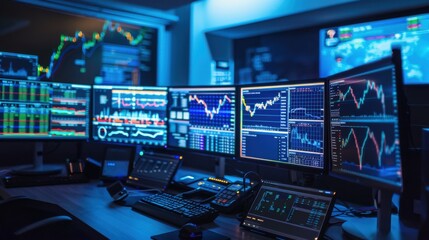 Wall Mural - A stock market wallpaper with multiple monitors displaying real-time financial data and charts