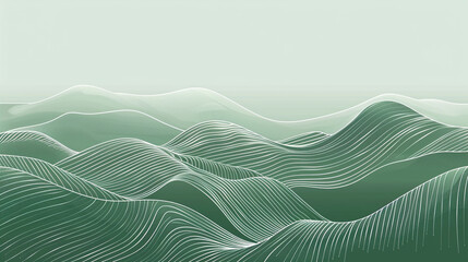 Wall Mural - Abstract mountain landscape on a green background. Line art wallpaper design with hills in white wave line.