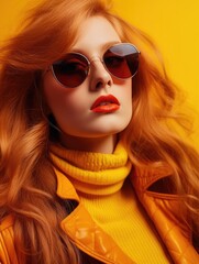 Canvas Print - A woman with red hair and orange clothing is wearing sunglasses and red lipstick. She is posing for a photo in front of a yellow background