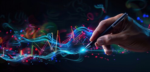 Wall Mural - Businessman hand holding pen drawing a virtual graph of the stock market, financial chart