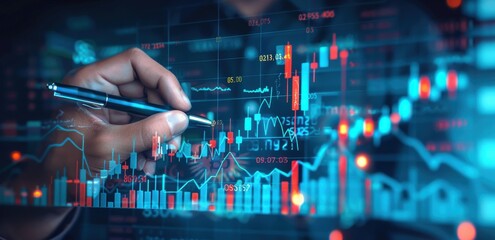 Wall Mural - Businessman hand holding pen drawing a virtual graph of the stock market, financial chart