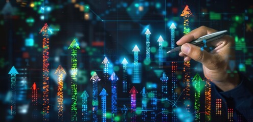 Wall Mural - Businessman hand holding pen drawing a virtual graph of the stock market, financial chart