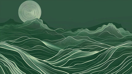 Wall Mural - Abstract mountain landscape on a green background. Line art wallpaper design with hills in white wave line.