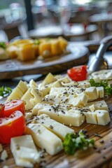 Wall Mural - A wooden board with a variety of cheeses and vegetables, including tomatoes and parsley. The presentation is colorful and appetizing