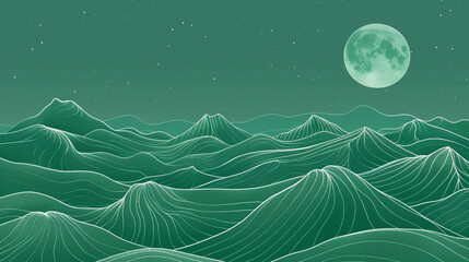 Wall Mural - Abstract mountain landscape on a green background. Line art wallpaper design with hills in white wave line.