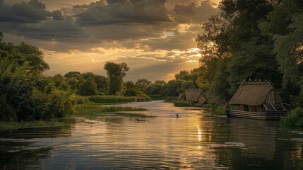 Wall Mural - Serene riverside view at sunset with traditional huts and calm water reflecting beautiful clouds and trees, creating a peaceful nature scene.