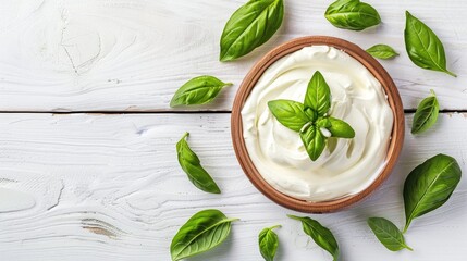 Poster - Fresh sour cream with basil in a bowl on a white wooden surface