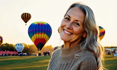 Wall Mural - Medium shot portrait video of a pleased woman in her 50s that is wearing a chic cardigan against a colorful balloon festival with hot air balloons in the sky background