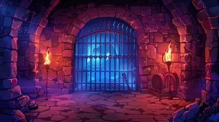 medieval dungeon with stone walls, torches, and a barred gate in a cartoon style, perfect for game b