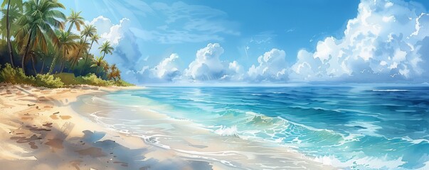 Wall Mural - A beautiful beach scene with palm trees and a blue ocean