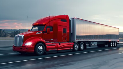 Juicy Red Truck with Black Trailer Driving Fast, Empty Inside