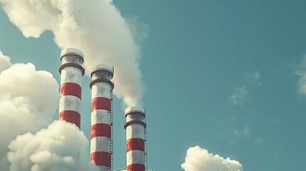 Earth day, White and red striped chimneys with smoke against a blue sky background. 