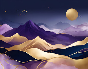 Wall Mural - Purple Blue Mountain and golden line arts background 